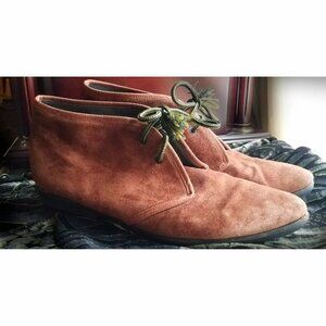 Rust Brown Suede Lace-Up Booties, Flat Heel, Pointed Toe, Euro Maker